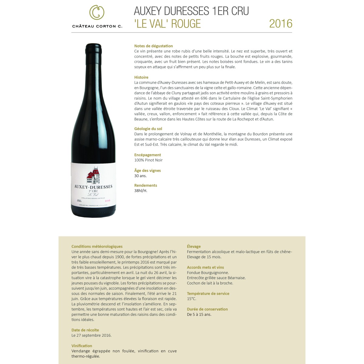 Auxey Duresses 2016 - 1er cru - Le Val - Domaine Corton C